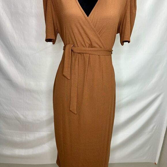 Brown Ribbed Faux Wrap Dress Size XXL - Picture 2 of 10